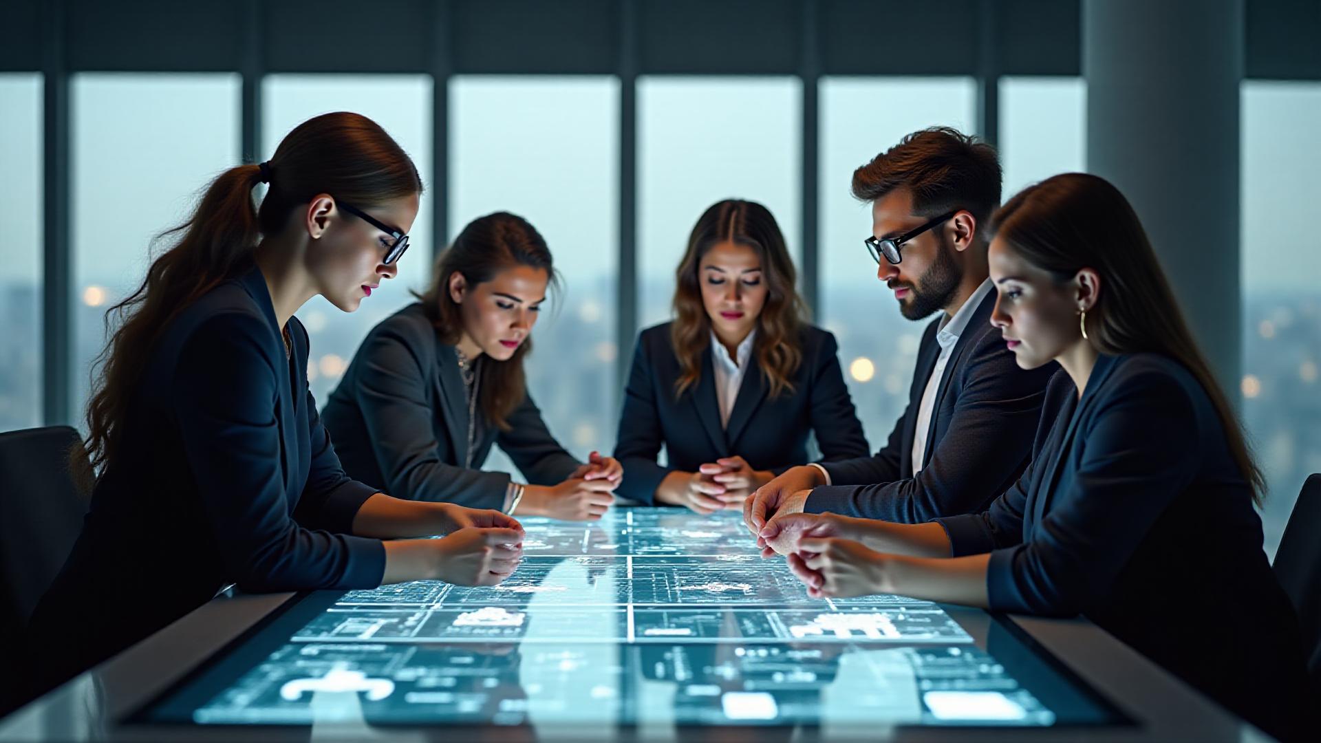 Forge Fashion team collaborating in a stylish New York City office with city skyline in the background.