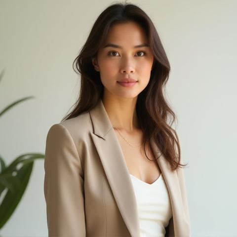 Portrait of Capsule Queen influencer, styled in minimalist, chic wardrobe essentials.