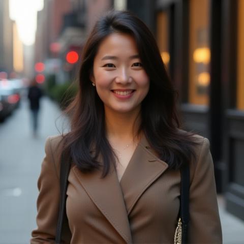 Portrait of fashion influencer @StyleByJules smiling, dressed in elegant street style.