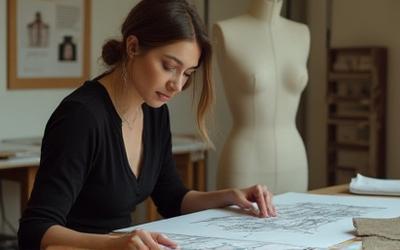 Portrait of a renowned fashion designer at work in their studio, surrounded by sketches and fabric samples
