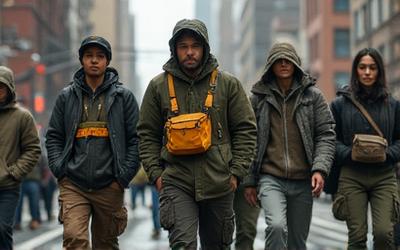 Stylish individuals showcasing gorpcore fashion with technical outerwear and utilitarian accessories in an urban setting