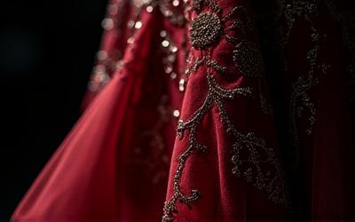 Close-up of intricate embroidery and luxurious fabric texture from a high-fashion runway gown
