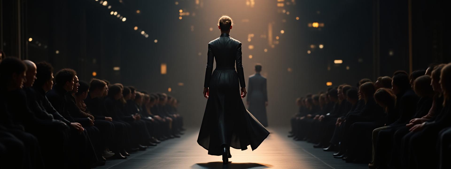 Model walking fashion runway under dramatic lighting, capturing the essence of New York fashion scene