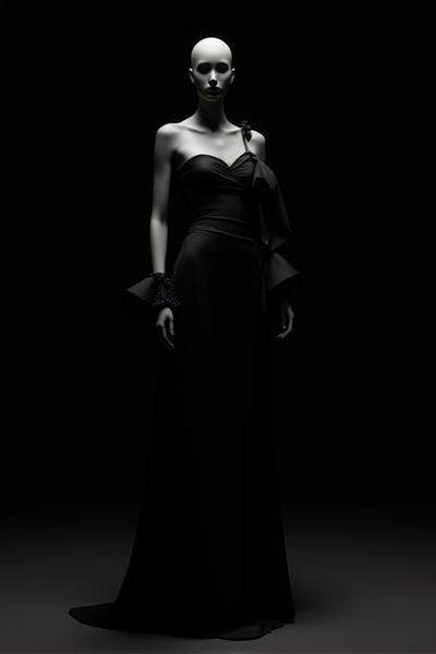 Avant-garde formal outfit with an architectural gown and unique sculptural accessories.