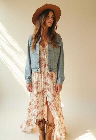 Bohemian weekend outfit featuring a flowy maxi dress, denim jacket, and fringe ankle boots.