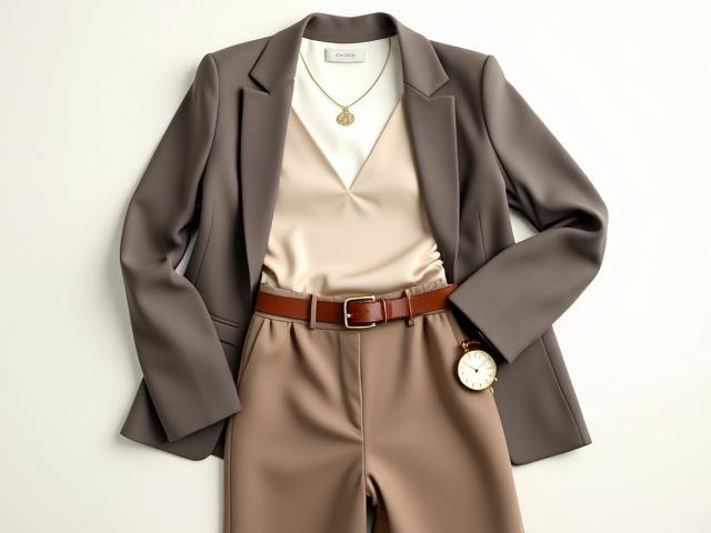 A dynamically generated outfit flat-lay including a tailored blazer, high-waisted trousers, and a silk camisole, styled for a modern professional look.