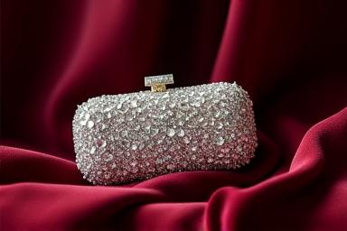 Elegant formal clutch and accessories on a luxurious background.