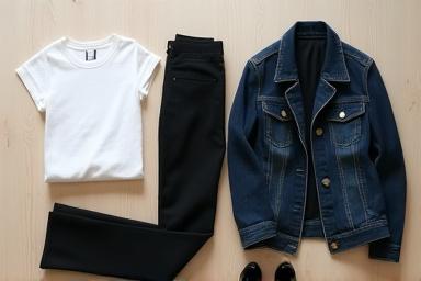 Neatly organized capsule wardrobe with neutral clothing items.