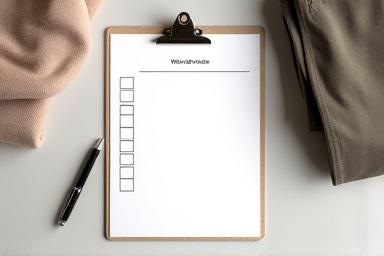 Checklist for wardrobe essentials against a background of folded garments.