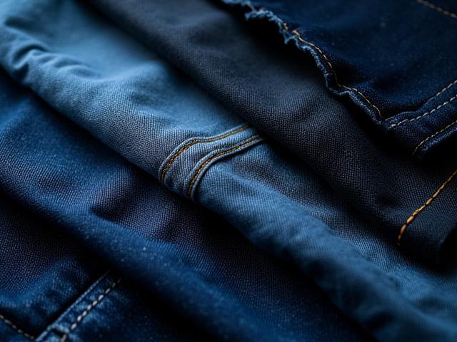 Close up of various denim textures and colors, representing different styles of jeans.