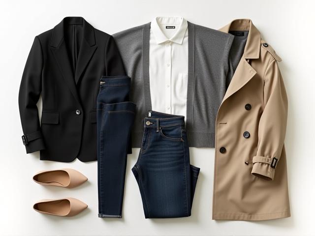 A minimalist styled flat-lay of a few essential wardrobe items, representing a capsule wardrobe.