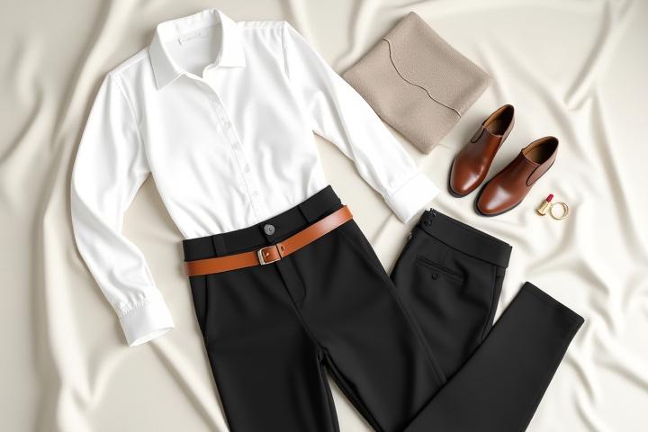 A stylish flat-lay of wardrobe essentials including a classic white shirt, tailored trousers, a quality leather belt, and minimalist accessories, all neatly arranged on a neutral background.