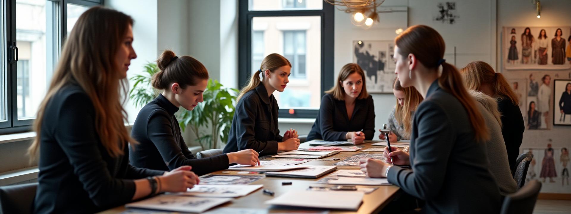 Chic collaborative fashion workshop in New York City with participants actively sketching and discussing designs